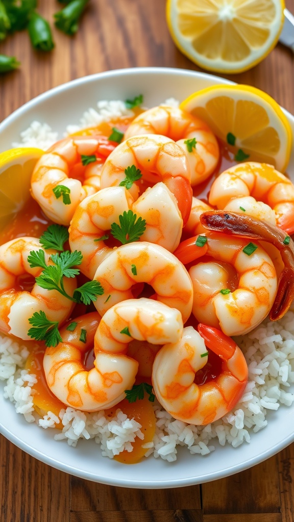 Garlic butter shrimp garnished with parsley and lemon wedges, served over rice on a wooden table.